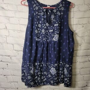 Old Navy Blouse Womens Large Blue Floral Sleeveless Tassel Tie Boho Tunic Rayon